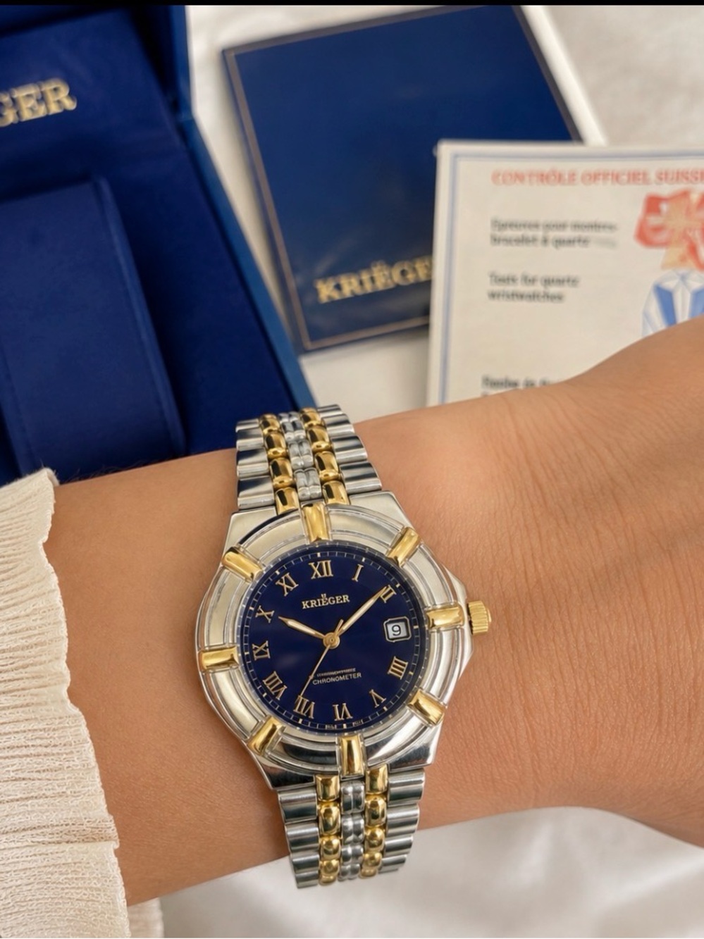 Authentic Krieger Swiss Made Quartz Chronometer Watch Blue Dial Box/Certificate